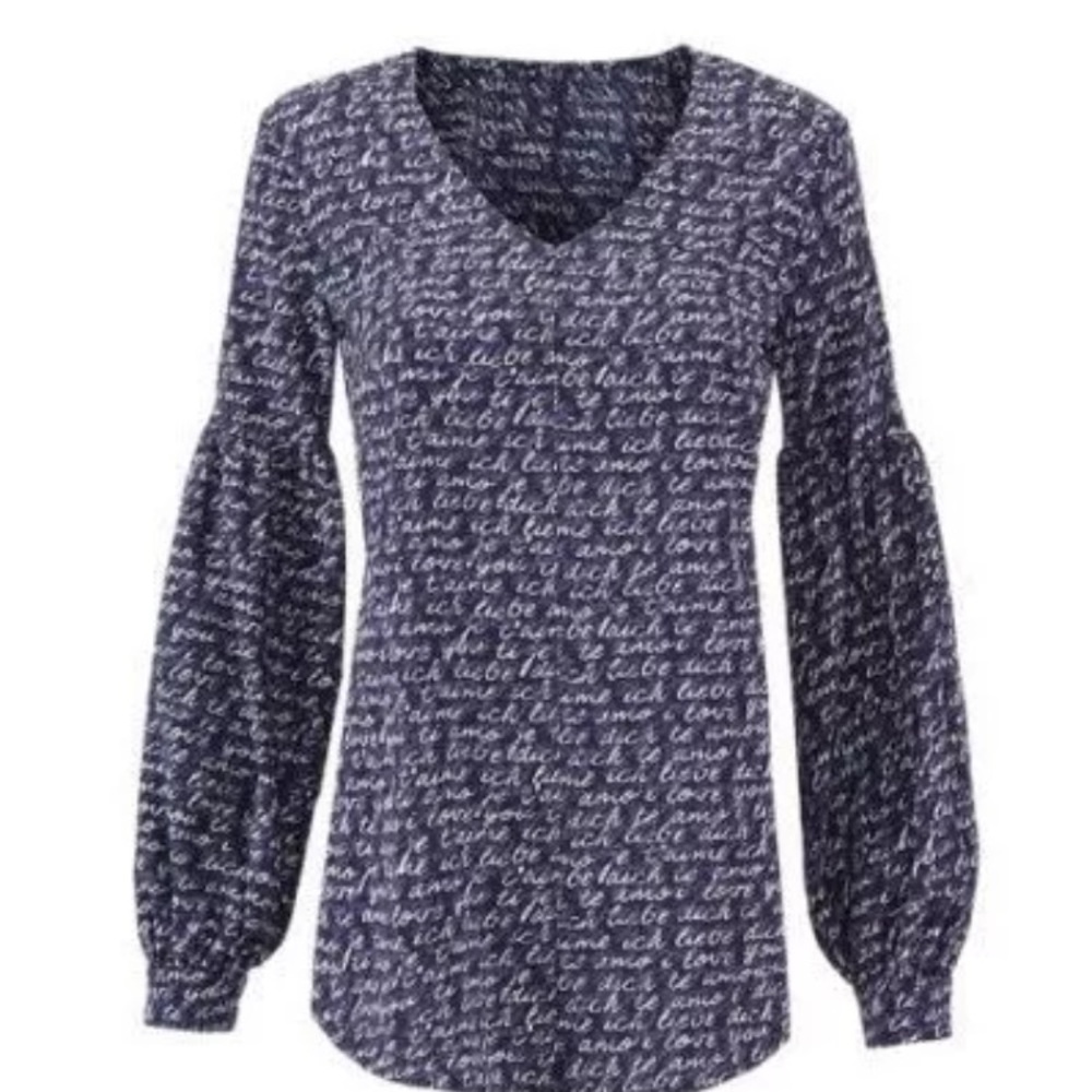 CAbi Te Amo Navy and White Script Blouse